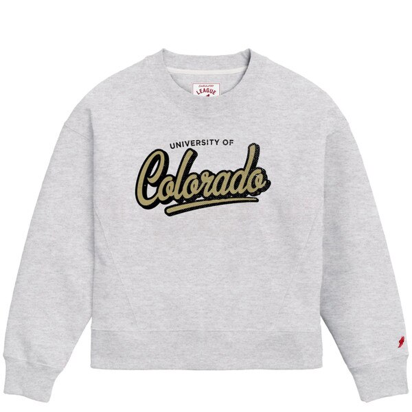 A light heather grey crewneck with "university of" written in standard black font and "Colorado" written in cursive in vegas gold. It is outlines by black.
